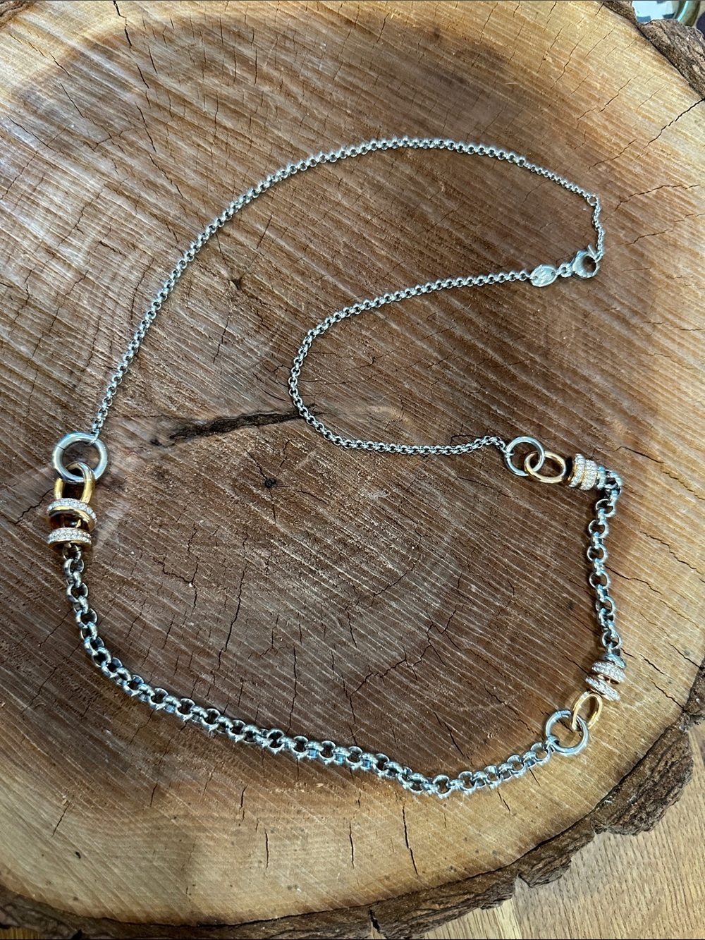 Fossil 28" Tri-Tone Mixed Metal Station Chain Necklace, CZ Accents